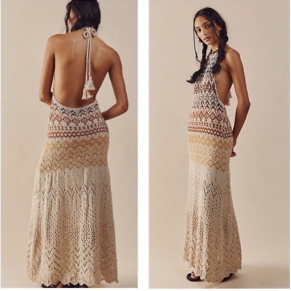 Free People Ikat Oasis Halter Crochet Knit Backless Maxi Dress Size SP